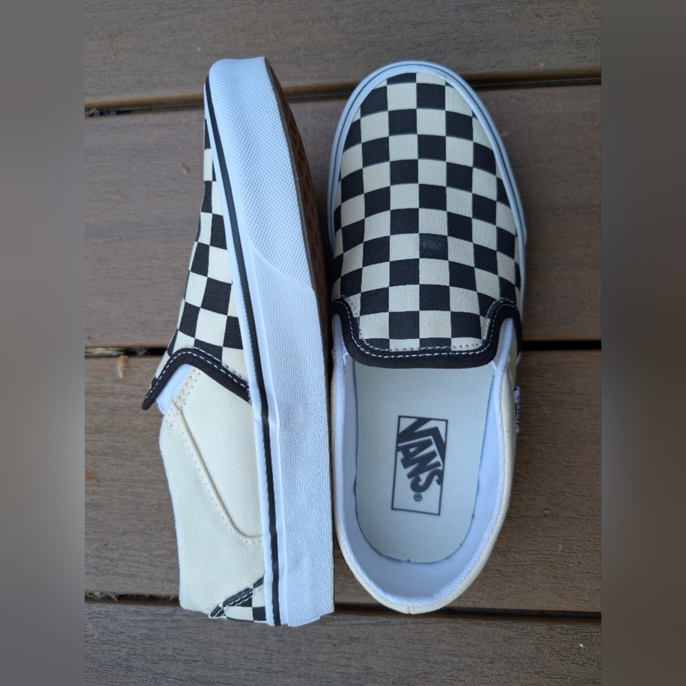 Vans Black and Cream Checkerboard Slip-On Sneakers
